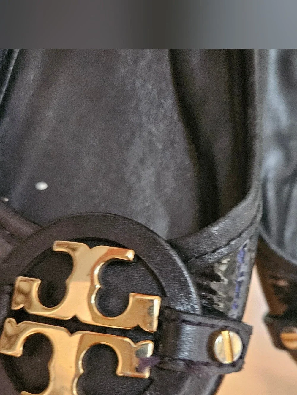 Tory Burch Black Patent Leather Logo Flats with Gold Emblem